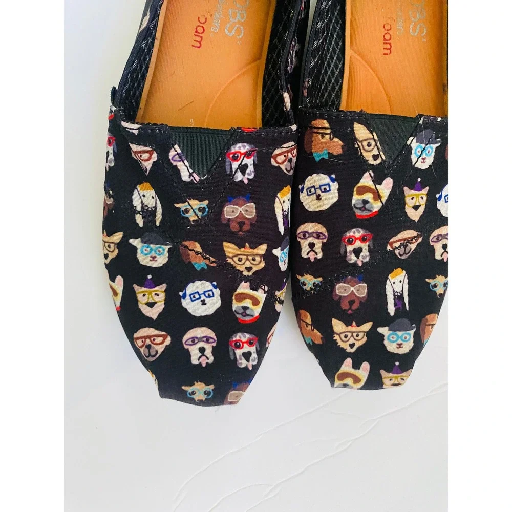 Skechers BOBS for Dogs Womens‎ Black Dog Print Glasses Slip On Flats Shoes 8.5